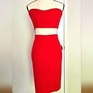 Red Ribbed Top & Skirt